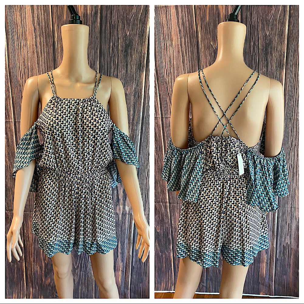 Elevenses Anthropologie sz small orange & blue boho pattern flowy summer romper